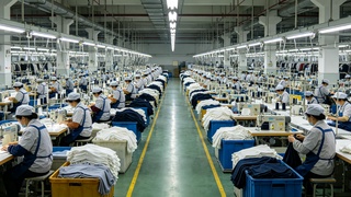 Bulk garment production — large factory floor with rows of sewing workers